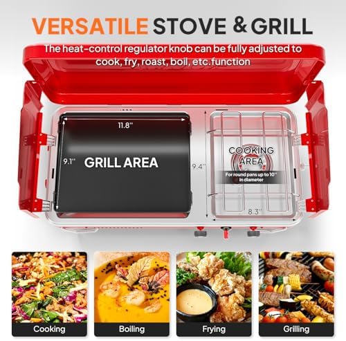 ROVSUN 2-in-1 Portable Camping Stove & Propane Grill with Enamel Griddle & Piezo Igniter, Tabletop Camp Stove with Built-in Handle, Wind Panel & Regulator for Camping, Tailgating, Grilling (Red) - Image 3