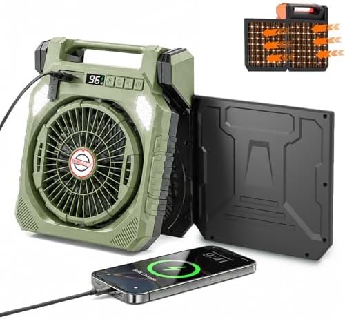 Rechargeable Solar Powered Fan, Camping Fan with 7W Solar Panel and LED Lantern, Quiet Function, Power Bank, Foldable Angle, with Timer, Max 42H Runtime, for Travel Outdoor Camping (Green) by RINKSYHT