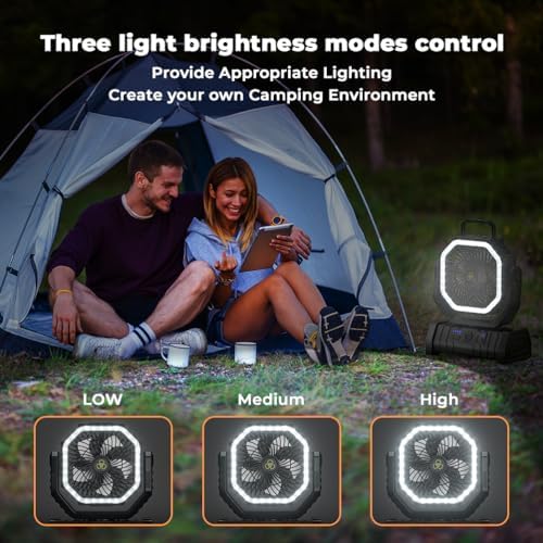 Camping Fan - 20000mAh Battery Powered Fan Rechargeable with LED Lantern - Portable Outdoor Tent Fans with Hanging Hook 4 Speeds Wind Remote Control, Black - Image 5