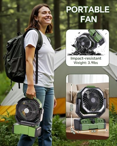Camping Fan with Remote, 30000mAh Rechargeable Battery Operated Tent Fans with LED Light & Hook, Quiet USB-C Fan for Outdoor Camping, Power Outage, Car, Travel(Green) - Image 4