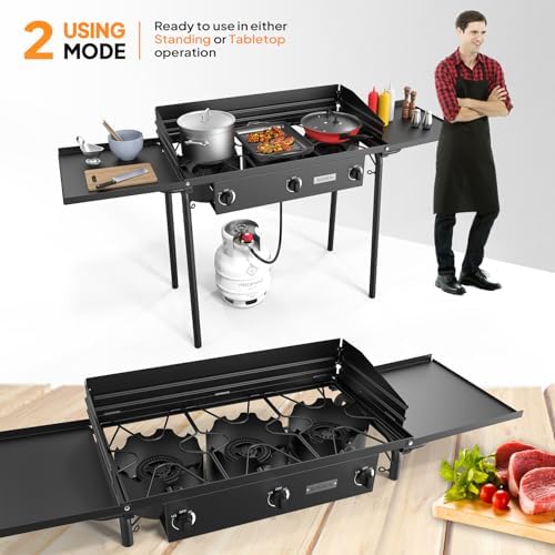 ROVSUN 3 Burner Gas Stove with 2 Side Shelves, 225,000BTU Portable Propane Stove with Removable Leg, Wind Panel, Regulator for Camping Home Backyard Outdoor Cooking Brewing Canning Turkey Frying - Image 4