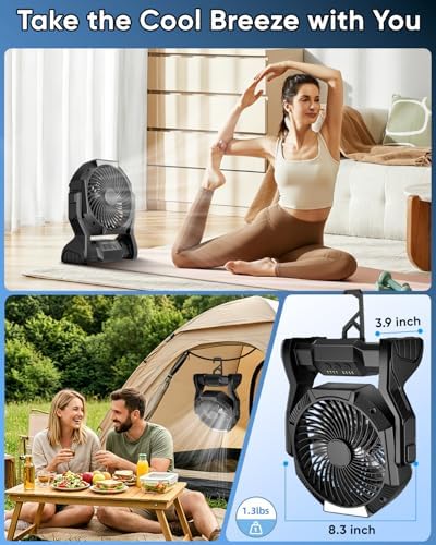 Portable Rechargeable Fan, 20000mAh Battery Powered Camping Fan with LED Light & Hook, 270° Adjustable, 4-Speed,4-Timer Camping Essentials for Outdoor Tent Travel BBQ Car, Gifts for Men Dad_Dark Black - Image 4