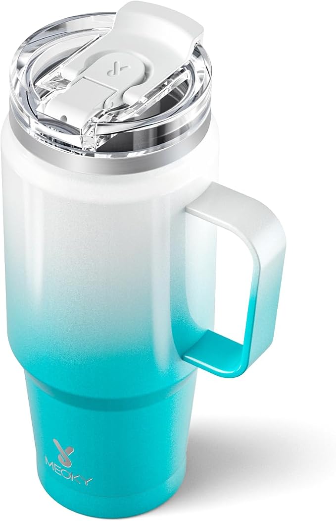 Meoky 32 oz Tumbler with Handle, Insulated Tumbler with Lid and Straw, Stainless Steel Travel Mug, 100% Leak Proof, Keeps Cold for 24 Hours or Hot for 8 Hours, Fits in Car Cup Holder (Azure) by MEOKY