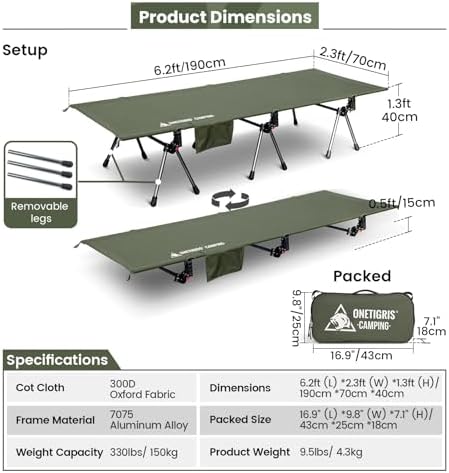 ONETIGRIS SUPRANUBIS Camping Cot, Height Adjustable with Cot Leg Extenders, Strong Support 330lbs, Lightweight Comfortable Folding Bed for Camping, Hiking, Travel, Truck, Beach, Office Nap - Image 6