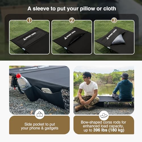 ONETIGRIS SUPRAGRIS Camping Cot, Support Up to 400lbs, Lightweight Comfortable Folding Bed for Camping, Hiking, Backpacking, Travel, Car Trips, Office Nap (Black) - Image 3