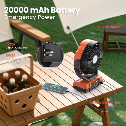 Camping Fan with Light - 20000mAh Rechargeable Battery Fan, 110Hrs Run Time, 4 Speeds, 8H Timers, 110° Auto Oscillation & 270° Pivot Tent Fan with Hook for Camping Power Outage, Hurricane(no adapter) - Image 2