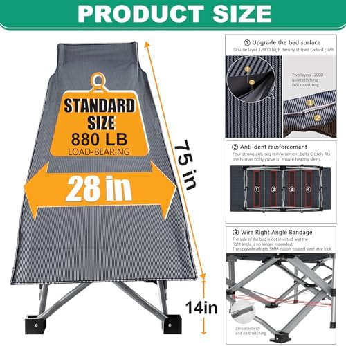 LILYPELLE Folding Camping Cot, Extra Wide Heavy Duty Sleeping Cots - Image 4