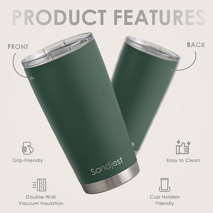 SANDJEST Dark Green Tumbler 20oz Stainless Steel Double Wall Vacuum Insulated, Green Travel Coffee Cup, Gifts for Men Women Birthday Christmas - Image 2