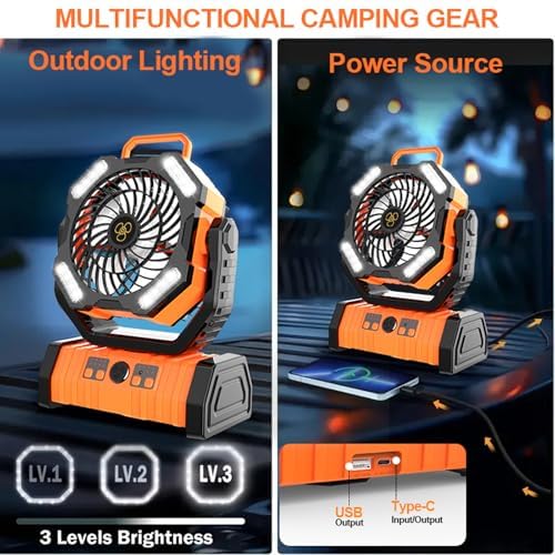 Portable Fan Rechargeable - 20000mAh Battery Powered Fan with LED Lantern Portable Outdoor Tent Fans with Remote,Hook,Timer, 4 Speeds for Camping Tent Bedroom Home Fishing Table - Image 5