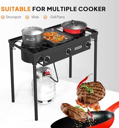 ROVSUN 3 Burner Propane Gas Stove, 225,000 BTU High Pressure Outdoor Camping Burner with CSA Listed Regulator, Picnic Cooker Perfect for Home Brewing Maple Syrup Patio Turkey Frying Canning - Image 3