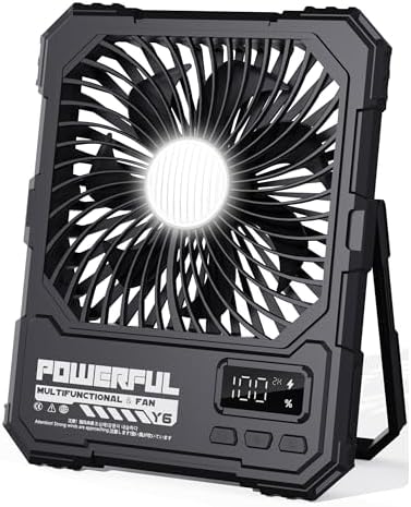 Portable Fan, Camping Fan, 20000mAh 6-Inch 18-85H Rechargeable Ultra Thin Foldable with Built-in Power Bank, LED Light, Remote Control, Hook for Outdoor Camping Tent RV Travel (Black) by NAOIY