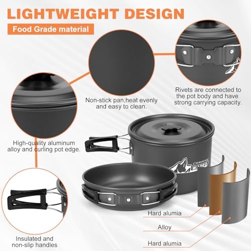 WADEO Camping Cookware Mess Kit with 7200W Camping Stove, 14PCS Non-Stick Camping Pot Pan Set with Stainless Steel Fork Knive Spoon for Camping Backpacking Hiking Outdoor Cooking and Picnic - Image 4