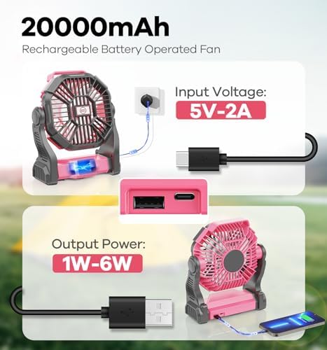 DOWILLDO 30000mAh Portable Battery Powered Camping Fan - with LED Light, Quiet Battery Operated, Camping Gear for Travel, Tent, Beach, Car or Hurricane Power Outages, Pink - Image 2