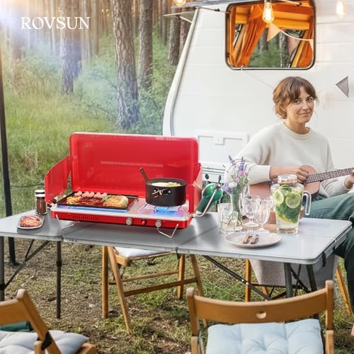 ROVSUN 2-in-1 Portable Camping Stove & Propane Grill with Enamel Griddle & Piezo Igniter, Tabletop Camp Stove with Built-in Handle, Wind Panel & Adapter for Outdoor Camping, Tailgating, Grilling - Image 7
