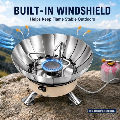 Butane Camping Stove, Portable Windproof Camping Gas Stove with Built-in Windshield, Piezo Ignition, Propane Canister Adapter, Foldable Burner for Backpacking Hiking Outdoor Cooking - Image 2