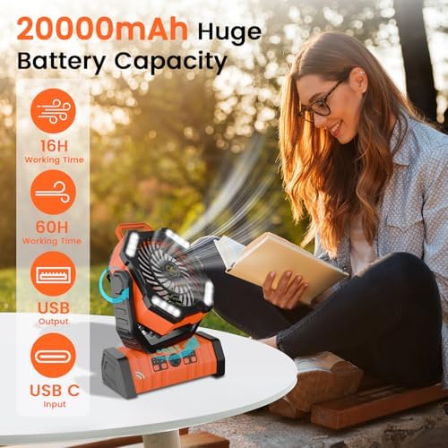 Portable Fan Rechargeable - 20000mAh Battery Powered Fan with LED Lantern Portable Outdoor Tent Fans with Remote,Hook,Timer, 4 Speeds for Camping Tent Bedroom Home Fishing Table - Image 2