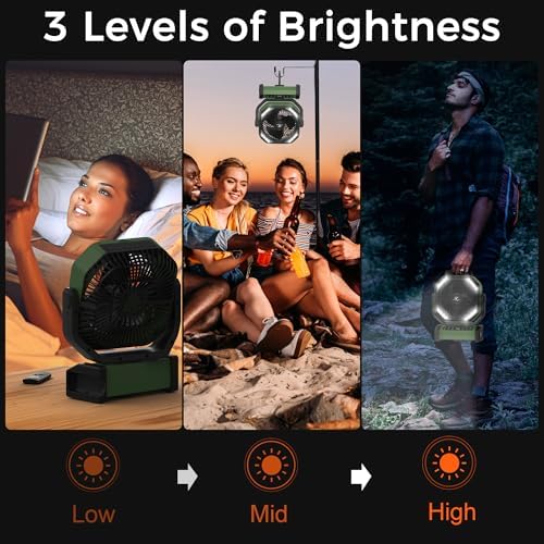 Camping Fan with Light - 20000mAh Rechargeable Battery Fan, 112Hrs Max Run Time, 8 Speeds, Digital Display, Timer, Auto Oscillation, 270° Pivot & Hook for Camping, Power Outage, Hurricane (Army Green) - Image 4