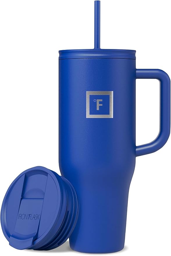 IRON °FLASK Co-Pilot Insulated Mug w/Straw & Flip Cap Lids - Cup Holder Bottle for Hot, Cold Drink - Leak-Proof - Water, Coffee Portable Travel Mug - Cobalt Blue, 40 Oz by IronFlask