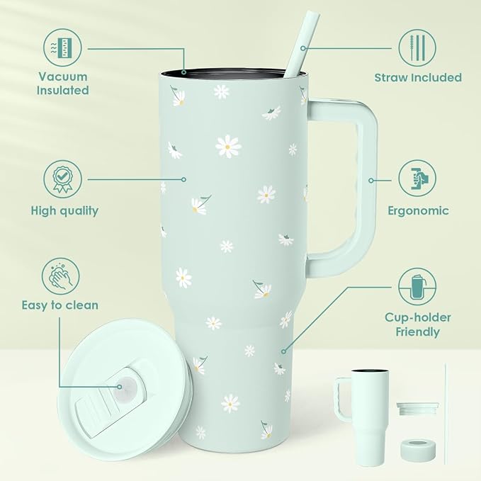 Daisy 40oz Tumbler with Handle and Straw – Flower Insulated Stainless Steel Travel Coffee Mug for Women Girls - Gift Idea for Birthday Christmas Mothers Day - Image 2