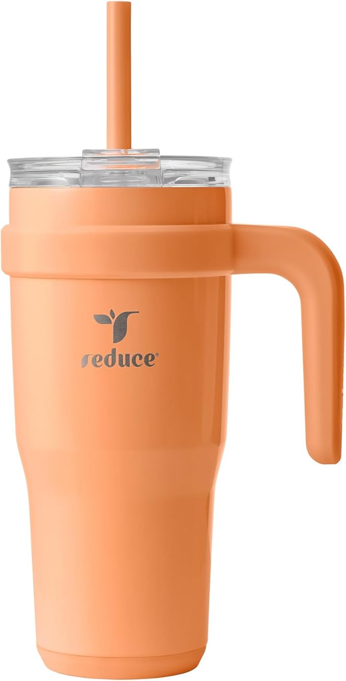 REDUCE 24 oz Tumbler with Handle - Vacuum Insulated Stainless Steel Travel Mug with Sip-It-Your-Way Lid and Straw - Keeps Drinks Cold up to 24 Hours - Sweat Proof, Dishwasher Safe - OG Papaya by Reduce