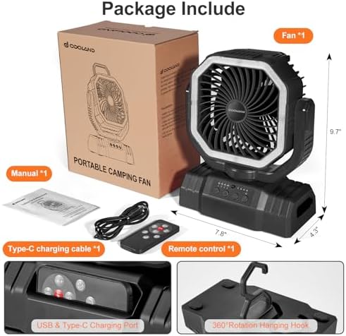 Odoland Portable Camping Fan with Light, 20000mAh Rechargeable Battery Fan - Image 6