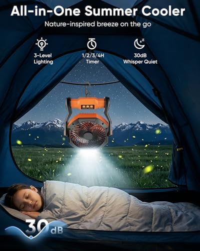 Portable Rechargeable Fan, 20000mAh Battery Powered Camping Fan with LED Light & Hook, 270° Adjustable, 4-Speed, 4H Timer Camping Essentials for Outdoor Tent Travel BBQ Car_Orange - Image 3