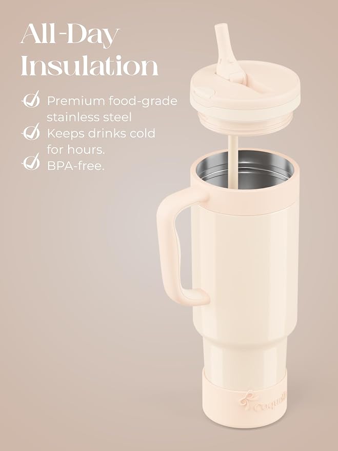 40 oz Insulated Tumbler with Handle and Push-Button Straw Lid, Stainless Steel Travel Cup for Gym Office, Leakproof, BPA-Free, Cup Holder Friendly, Bow Silicone Boot, Cream (Cloudy Cream) - Image 4