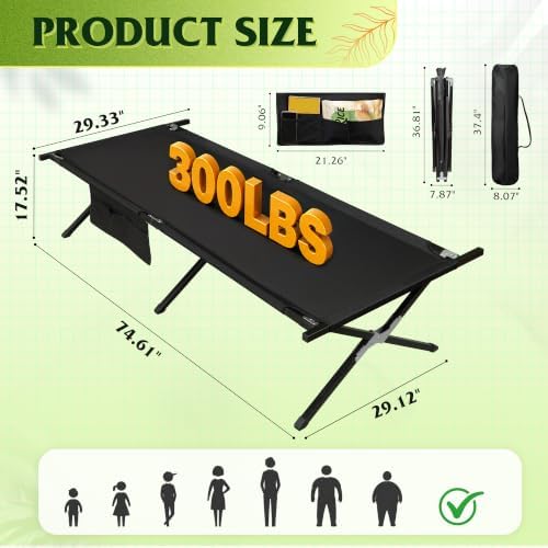 WLIVE Folding Camping Cots for Adults with Carry Bag, 300 lb, Black - Image 3