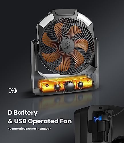 Camping Fan with LED Lantern, 8 Inch D-Cell Battery Operated Desk Fan with Timer, High Velocity Stepless Speed Control, Quiet,SOS Light, 180° Rotation USB Fan for Outdoor, Hurricane, Emergency - Image 2