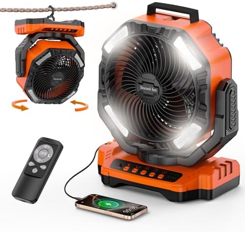 Socool 40000mAh Camping Fan Rechargeable, Battery Operated Portable Outdoor Fan Remote, 136Hrs & 4-Speed Cordless Oscillating, Table Fan with Light & Timer for Tent RV Jobsite Hurricane Power Outage by Socoolfancoolinhand
