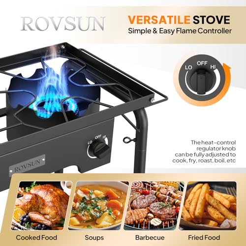 ROVSUN 2 Burner Gas Stove with Side Shelves, 150,000 BTU Portable Propane Stove with Removable Legs, Wind Panels & Regulator for Camping Home Backyard Cooking Brewing Canning Turkey Frying - Image 4
