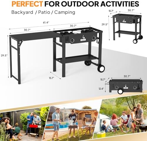 ROVSUN 2 Burner Outdoor Propane Gas Stove with Foldable Work Station, Auto-ignition & Regulator, 150,000 BTU Powerful Camping Burner with Portable Wheels for Backyard Patio Cooking Brewing Frying - Image 6