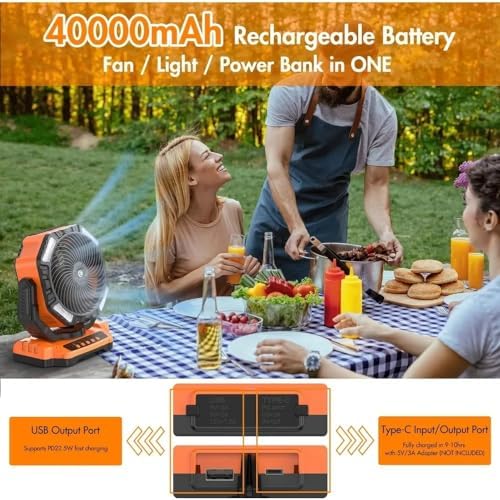 Camping Fan with LED Lantern, 40000mAh Rechargeable Battery Operated Outdoor Tent Fan with Light & Hanging Hook, 4 Speeds, Personal USB Desk Fan for Camping, Power Outage(Black) - Image 2