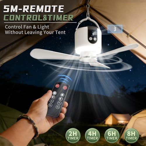 18“ Camping Ceiling Fan with Light & Remote, 15600mAh Battery Operated Tent Fan,Rechargeable Battery Powered Fan,Hangable Camping Fan,Camping Essential - Image 2