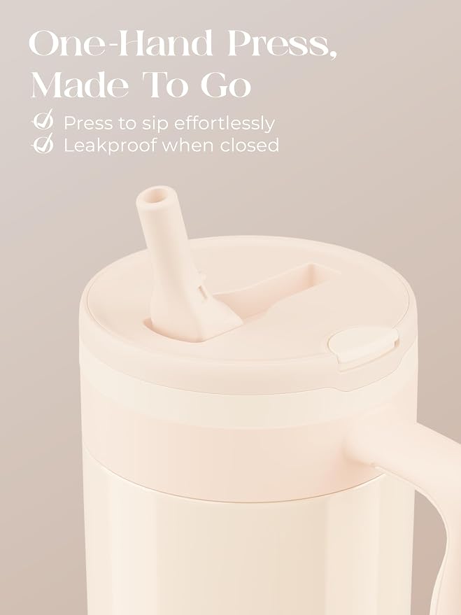 40 oz Insulated Tumbler with Handle and Push-Button Straw Lid, Stainless Steel Travel Cup for Gym Office, Leakproof, BPA-Free, Cup Holder Friendly, Bow Silicone Boot, Cream (Cloudy Cream) - Image 3