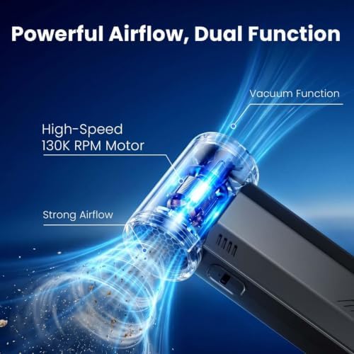 COWSAR Portable Handheld Turbo Fan, 3-in-1 Portable Cordless Dust Cleaner, 130000 RPM Air Blower Vacuum, 30dB Low Noise Adjustable Speeds Mini Fan for Car Interior Keyboard Cleaning, Grey - Image 3