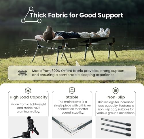ONETIGRIS SUPRANUBIS Camping Cot, Height Adjustable with Cot Leg Extenders, Strong Support 330lbs, Lightweight Comfortable Folding Bed for Camping, Hiking, Travel, Truck, Beach, Office Nap - Image 2