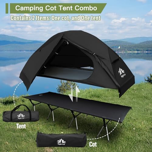 Night Cat Camping Cot Tent - Waterproof 1-Person Off-Ground Combo Cot Bed for Adults Portable Easy Set-up Tent Black 27.5'' Width - Image 2