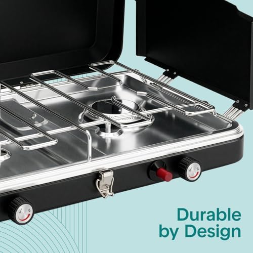 Camping Stove 2 Burner Propane Portable Camp Stove 24,400 BTU with Wind Guards Adjustable Burners Push Button Ignition Compact Outdoor Cooking for Camping Tailgating and Backyard - Image 6