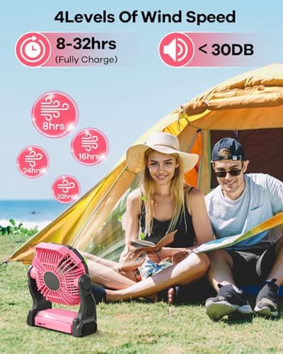 30000mAh Rechargeable Camping Fan with LED Lantern,Portable Battery Powered Outdoor Fan for Bedroom,Camping,Travel,Hiking,Beach,Office,Trave Accessories(Pink) - Image 4