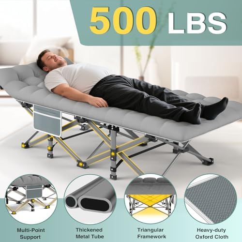 ZENPETIO Camping Cot for Adults - Heavy-Duty Cot Bed with Mattress, Portable Sleeping Cots for Outdoor Indoor, 1200D Oxford Folding Cots for Home Travel, Max Load 500LBS, Fits People up to 6'3", Gray - Image 5