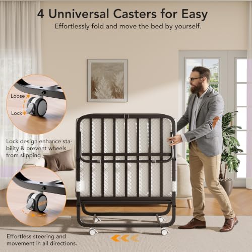 Decofy Folding Bed, Portable Foldable Bed with Movable Wheels, 75" x 31" - Image 5