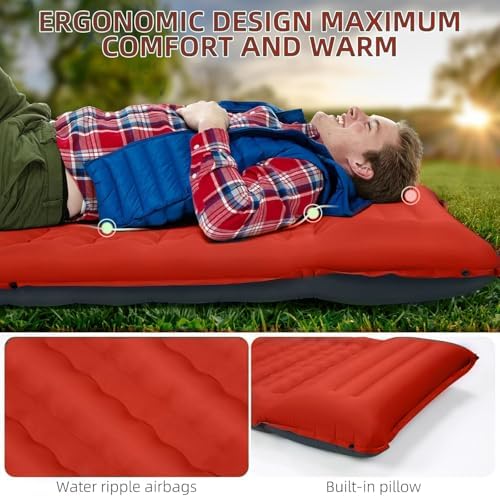 FNARMW Camping Sleeping Pad, Extra Thick 5 Inch Camping Mat with Pillow Built-in Foot Pump Inflatable Sleeping Pads Compact for Camping Backpacking Hiking Traveling Tent（Orange-Black） - Image 3