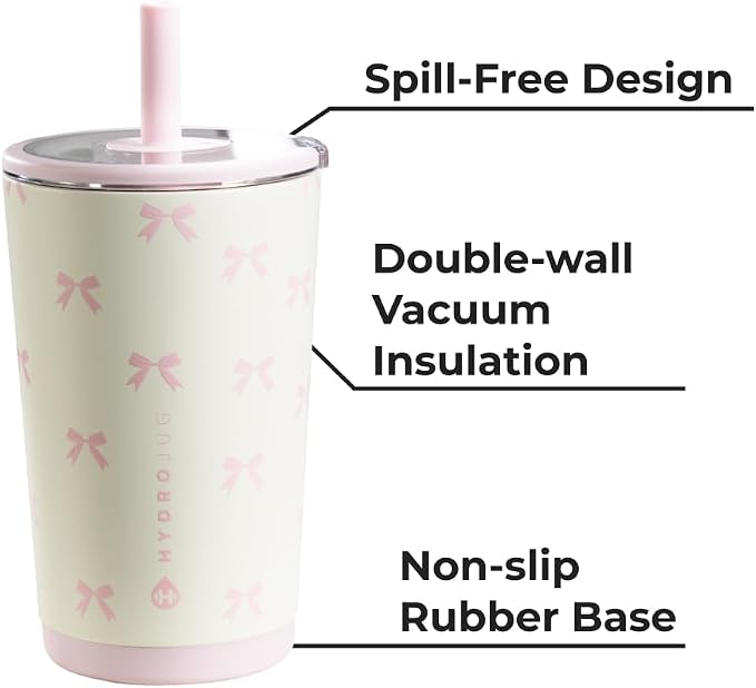 HydroJug Everyday Tumbler 14 oz – Ceramic-Lined Insulated Tumbler with Straw and Soft-Touch Lid, Cup Holder Friendly, Double-Wall Vacuum Insulation, Reusable Travel Cup – Bows - Image 5