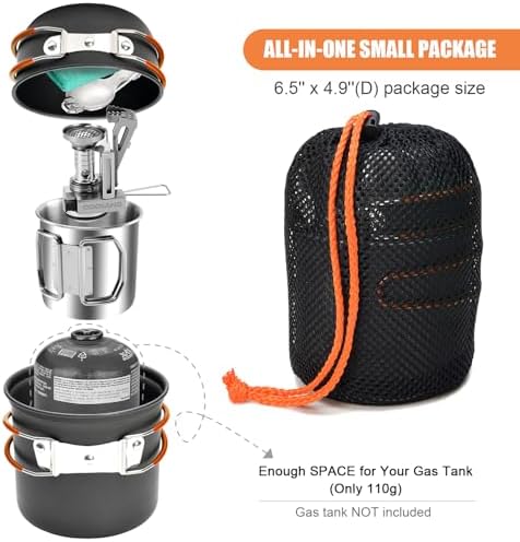 Odoland 8pcs Camping Cookware Mess Kit, Camping Pot and Pan Set with Mini Backpacking Stove, Stainless Steel Cup, Spork and Tank Bracket, Cooking Gear for Outdoor, Hiking, Picnic, Campfire - Image 2