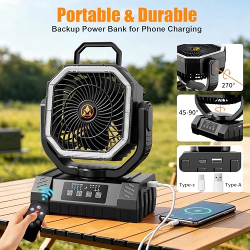 Camping Fan Rechargeable - 20000mAh Cordless Battery Powered Portable Fan with LED Lantern, Remote Auto Oscillating Wireless Fan USB Rechargeable Tent Fan for Travel Outdoor Cooling Car Home (Black) - Image 3