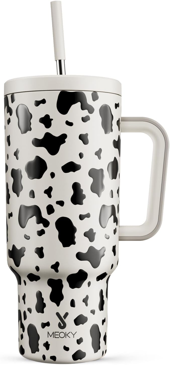 Meoky 40 oz Tumbler with Handle and Straw, Tumbler with Lid and Straw, Insulated Stainless Steel Travel Mug, 100% Leak-proof, Keeps Cold for 34 Hours or Hot for 10 Hours (Cow) by MEOKY