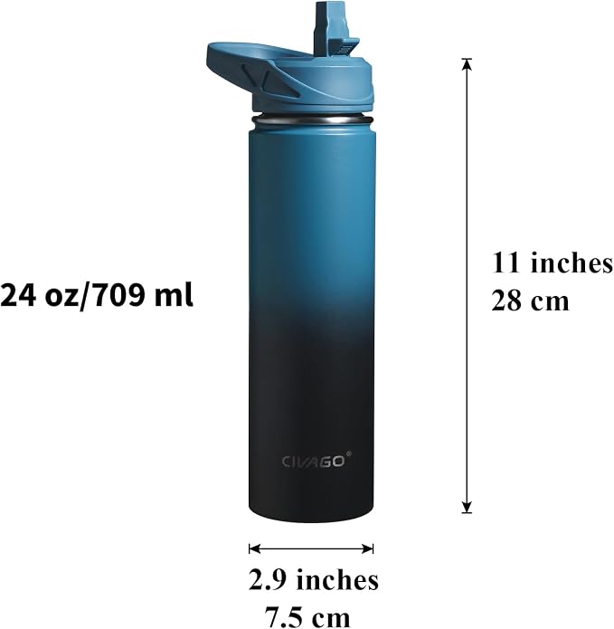 CIVAGO 24 oz Insulated Water Bottle With Straw, Stainless Steel Sports Water Cup Flask with 3 Lids (Straw, Spout and Handle Lid), Wide Mouth Travel Thermal Mug, Classic Omber Gray - Image 4
