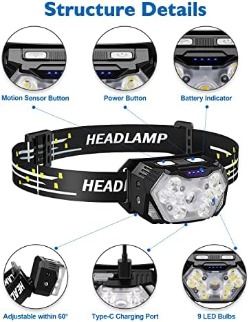 2000LM Ultra Bright 9 LED Headlamp, USB C Rechargeable Headlight, 10 Modes, Waterproof Motion Sensor Head Lamp Flashlight with White Red Light, Adjustable Headband for Adults Outdoor Hiking - Image 2