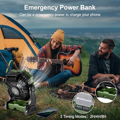 Odoland Portable Camping Fan with LED Lantern, 20000mAh Battery Operated Rechargeable Misting Fan with Light, 250mL Water Tank, Hook, Outdoor Tent Cooling Fans for Patios Beach Travel Summer, Green - Image 6